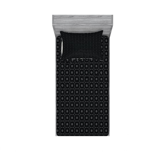 Ambesonne Floral Fitted Sheet & Pillow Sham Set, Dotted Curvy Mosaic Motifs, Twinxl, Black and Grey