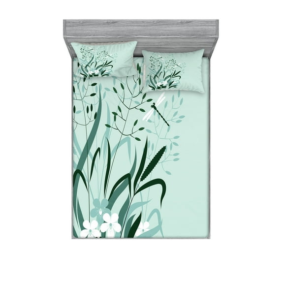 Ambesonne Floral Fitted Sheet & Pillow Sham Set, Dragonflies Wild Grass, Queen, Pale Green