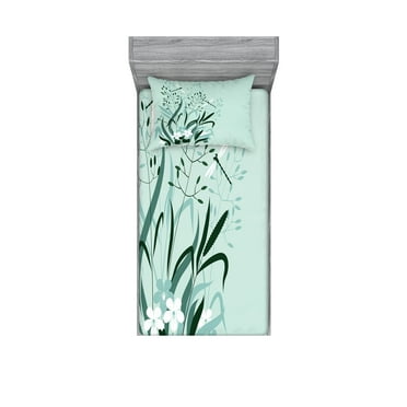 Ambesonne Floral Fitted Sheet & Pillow Sham Set, Dragonflies Wild Grass, Twin, Pale Green