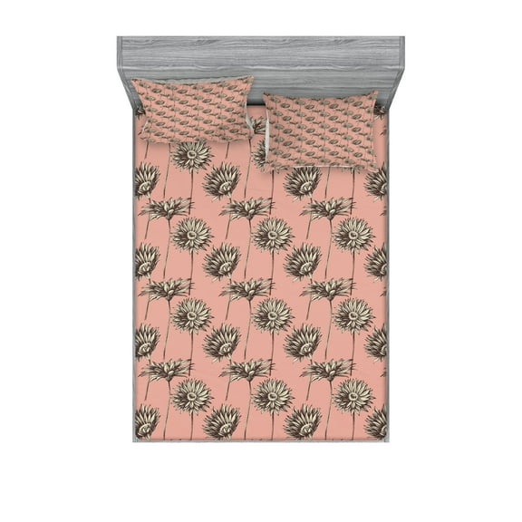 Ambesonne Floral Fitted Sheet & Pillow Sham Set, Dramatic Pink Gerbera Flower, Queen, Dark Brown Blush