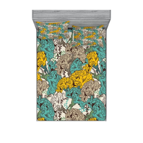 Ambesonne Floral Fitted Sheet & Pillow Sham Set, Drawing Style Vintage, Queen, Earth Yellow Turquoise