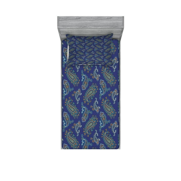 Ambesonne Floral Fitted Sheet & Pillow Sham Set, Droplet Motif, Twin, Dark Blue Green