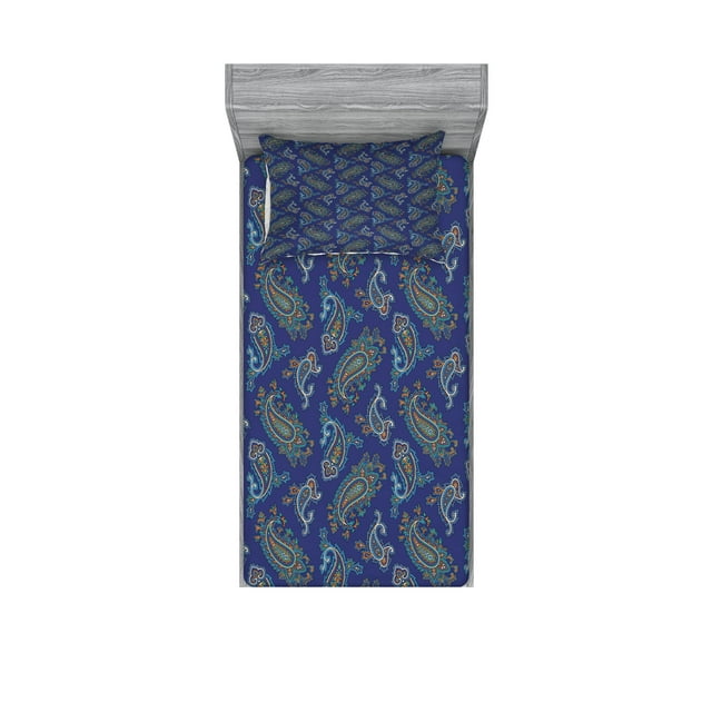 Ambesonne Floral Fitted Sheet & Pillow Sham Set, Droplet Motif, Twin, Dark Blue Green