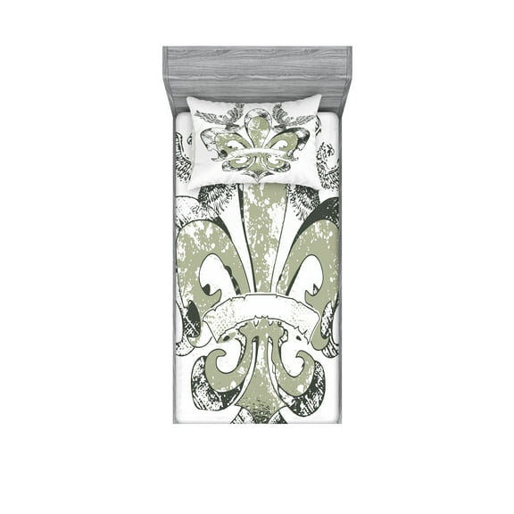 Ambesonne Floral Fitted Sheet & Pillow Sham Set, Eagle Emblem Victorian, Twin, Tan White