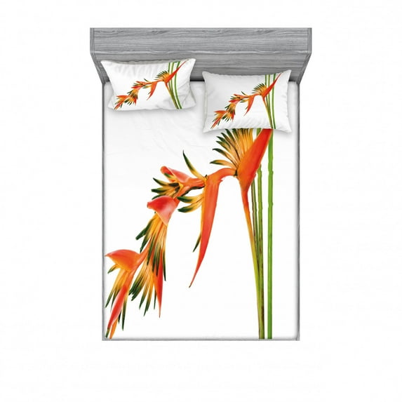 Ambesonne Floral Fitted Sheet & Pillow Sham Set, Exotic Flower Branch, Full, Green Orange