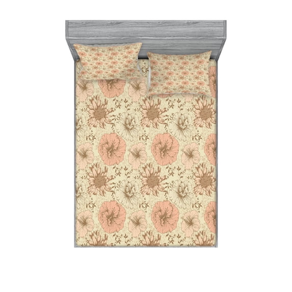 Ambesonne Floral Fitted Sheet & Pillow Sham Set, Exotic Hibiscus Plant, Full, Coral Tan Brown