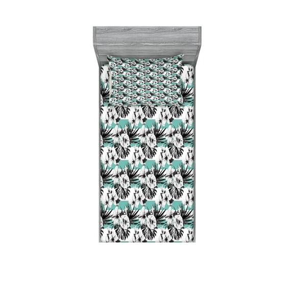 Ambesonne Floral Fitted Sheet & Pillow Sham Set, Exotic Hibiscus on Stripes, Twin, Grey White Teal