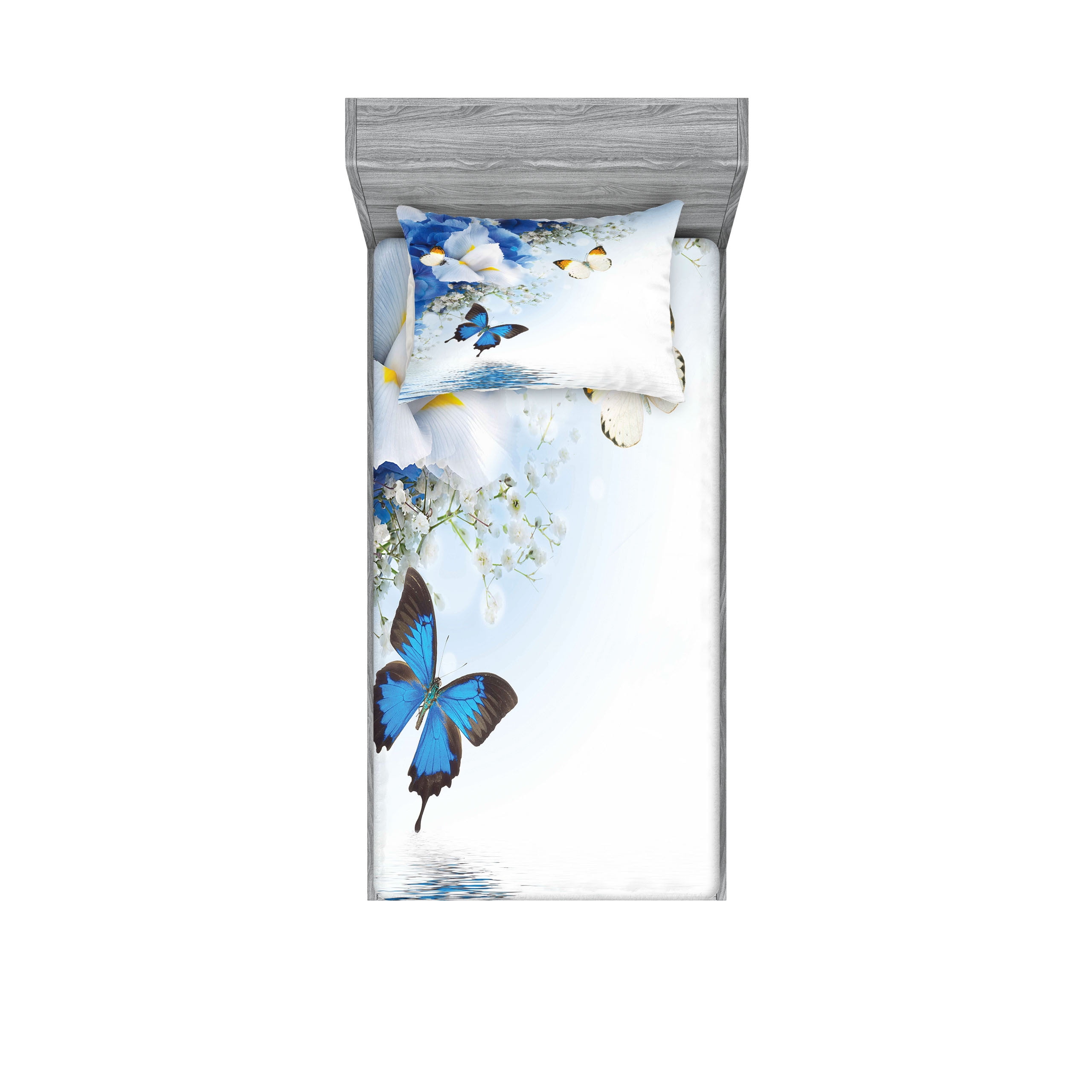 Blue and White Floral Microfiber Twin Sheet and Pillow Set