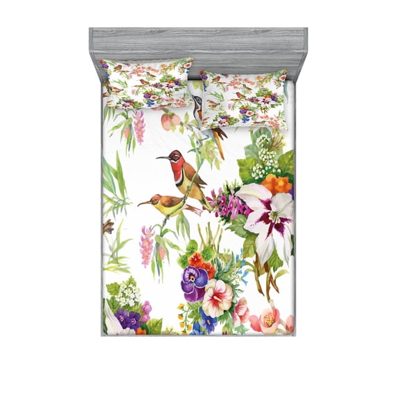 Ambesonne Floral Fitted Sheet & Pillow Sham Set, Exotic Spring Flowers, Queen, Multicolor
