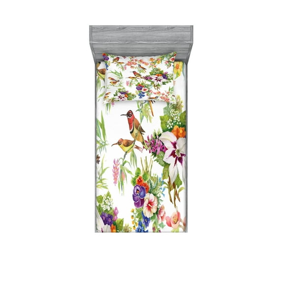 Ambesonne Floral Fitted Sheet & Pillow Sham Set, Exotic Spring Flowers, Twin, Multicolor
