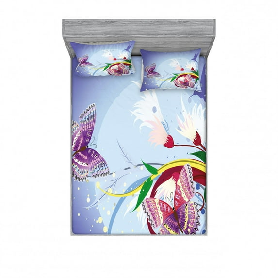 Ambesonne Floral Fitted Sheet & Pillow Sham Set, Fantasy Colorful, Full, Multicolor