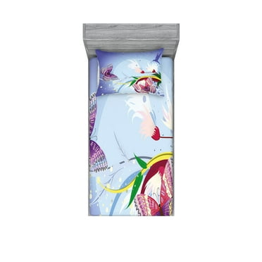 Ambesonne Floral Fitted Sheet & Pillow Sham Set, Fantasy Colorful, Twin, Multicolor