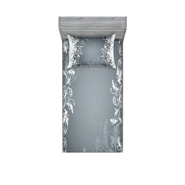 Ambesonne Floral Fitted Sheet & Pillow Sham Set, Floral Design Nature, Twin, Grey White
