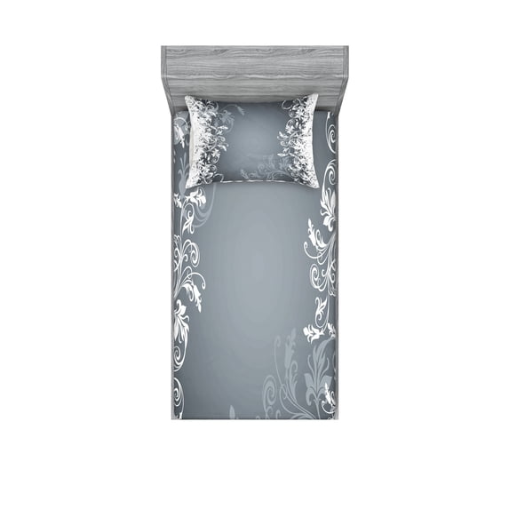 Ambesonne Floral Fitted Sheet & Pillow Sham Set, Floral Design Nature, Twinxl, Grey White