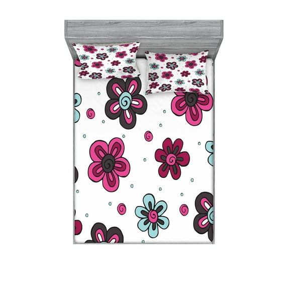 Ambesonne Floral Fitted Sheet & Pillow Sham Set, Florets Buds Girls, Queen, Magenta Grey Pale Blue