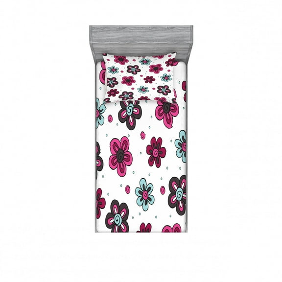Ambesonne Floral Fitted Sheet & Pillow Sham Set, Florets Buds Girls, Twinxl, Magenta Grey Pale Blue