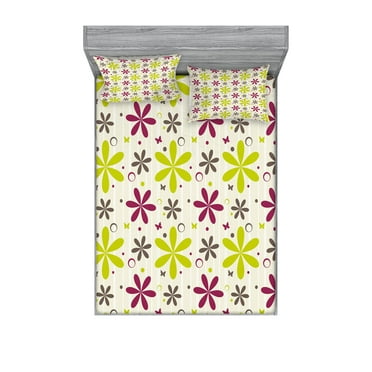 Ambesonne Floral Fitted Sheet & Pillow Sham Set, Florets Circle Hoop, Queen, Apple Green Dark Taupe