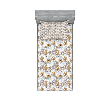 Ambesonne Floral Fitted Sheet & Pillow Sham Set, Flourishing Spring Flowers, Twin, Lavender Blue Orange