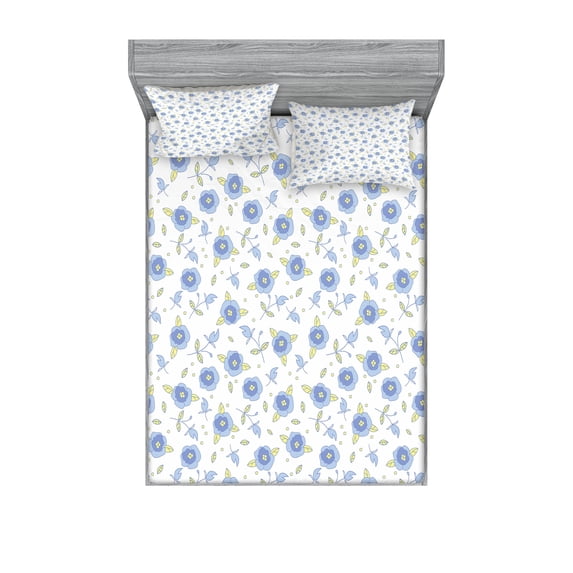 Ambesonne Floral Fitted Sheet & Pillow Sham Set, Flourishing Summer Roses, Queen, Pale Yellow Blue Violet