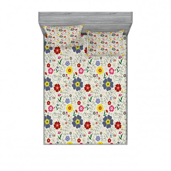 Ambesonne Floral Fitted Sheet & Pillow Sham Set, Flower Butterfly Pattern, Full, Multicolor