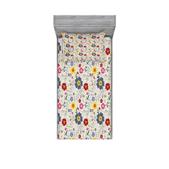 Ambesonne Floral Fitted Sheet & Pillow Sham Set, Flower Butterfly Pattern, Twin, Multicolor