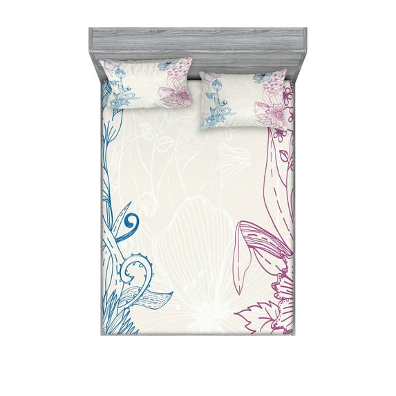 Ambesonne Floral Fitted Sheet & Pillow Sham Set, Flower Field Spring Art, Full, Teal Lilac Dried Rose