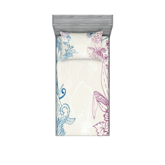 Ambesonne Floral Fitted Sheet & Pillow Sham Set, Flower Field Spring Art, Twinxl, Teal Lilac Dried Rose