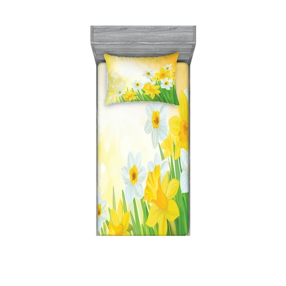 Ambesonne Floral Fitted Sheet & Pillow Sham Set, Flower Garden in Summer, Twin, Green Yellow White