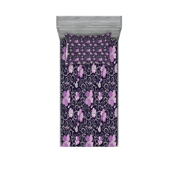 Ambesonne Floral Fitted Sheet & Pillow Sham Set, Flower Patterned Design, Twinxl, Lilac Dark Purple White