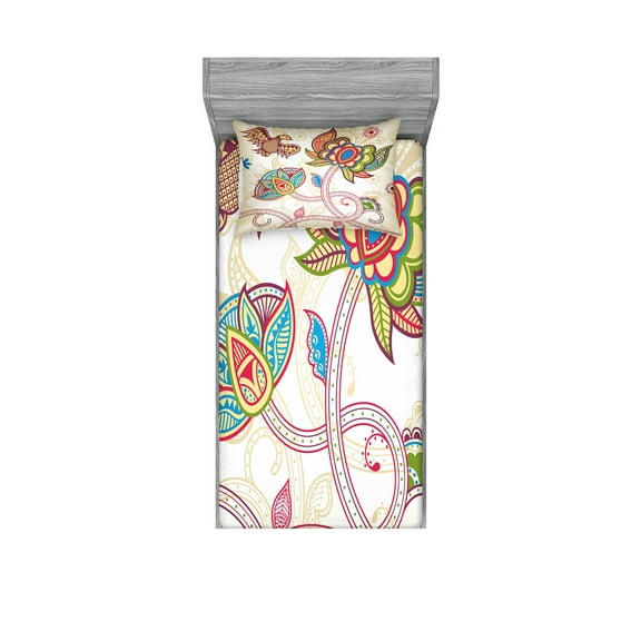 Ambesonne Floral Fitted Sheet & Pillow Sham Set, Flower Petal Shabby Plant, Twinxl, Multicolor
