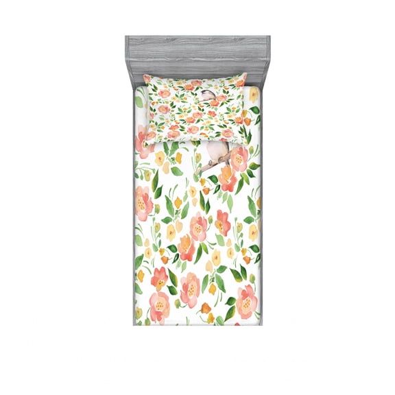 Ambesonne Floral Fitted Sheet & Pillow Sham Set, Flower Petals Blossoms, Twin, Coral Fern Green White