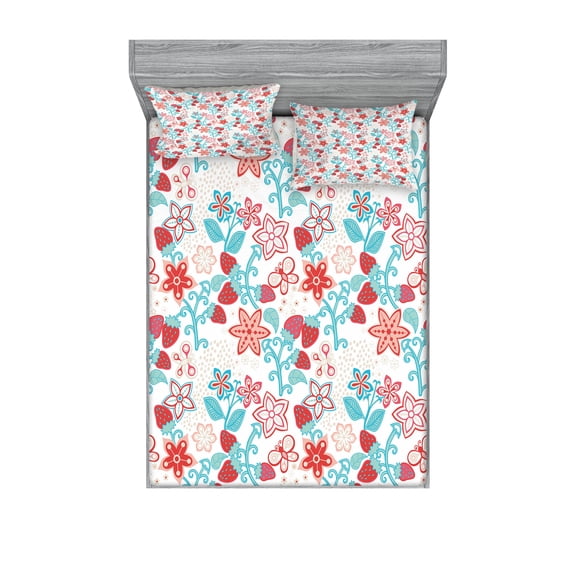 Ambesonne Floral Fitted Sheet & Pillow Sham Set, Flowers Berries, Full, Dark Coral Aqua