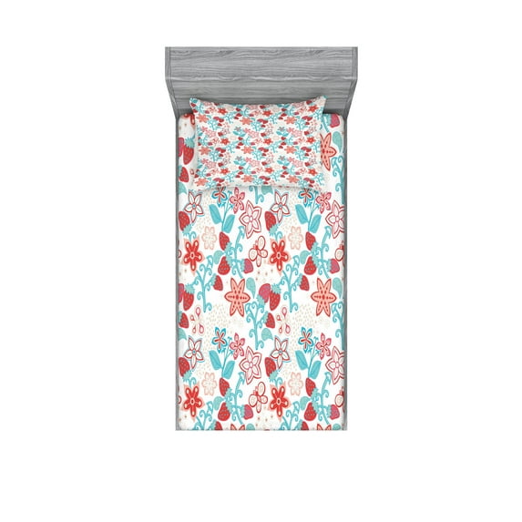 Ambesonne Floral Fitted Sheet & Pillow Sham Set, Flowers Berries, Twinxl, Dark Coral Aqua