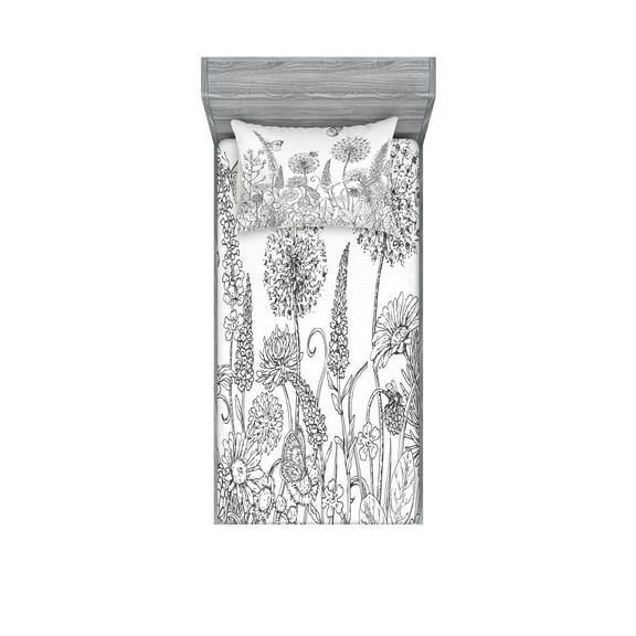 Ambesonne Floral Fitted Sheet & Pillow Sham Set, Flowers Garden Scenery, Twin, Grey and White