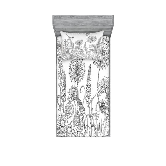 Ambesonne Floral Fitted Sheet & Pillow Sham Set, Flowers Garden Scenery, Twinxl, Grey and White