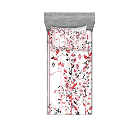 Ambesonne Floral Fitted Sheet & Pillow Sham Set, Flowers Ivy Swirl Leaves, Twin, Red Black and White