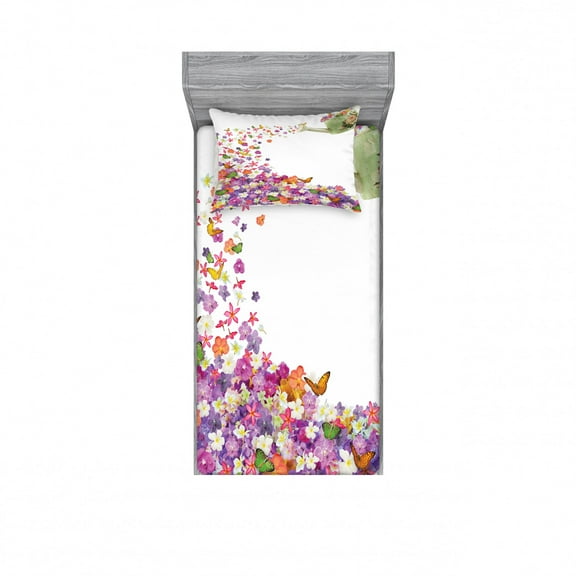 Ambesonne Floral Fitted Sheet & Pillow Sham Set, Flowers Watering Pot, Twin, Multicolor
