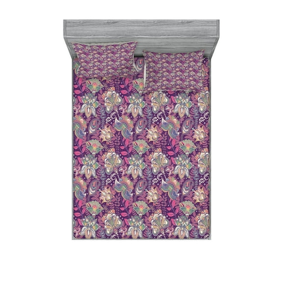 Ambesonne Floral Fitted Sheet & Pillow Sham Set, Flowers and Mandala Art, Queen, Mauve Green