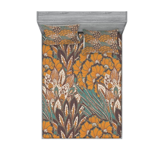 Ambesonne Floral Fitted Sheet & Pillow Sham Set, Flowers and Peacock, Queen, Petrol Blue Pale Coffee