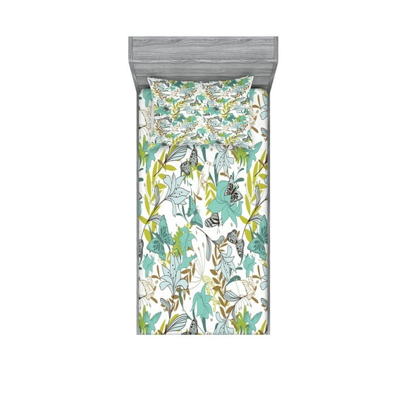 Ambesonne Floral Fitted Sheet & Pillow Sham Set, Flying Birds Butterflies, Twin, Yellow Green Caramel