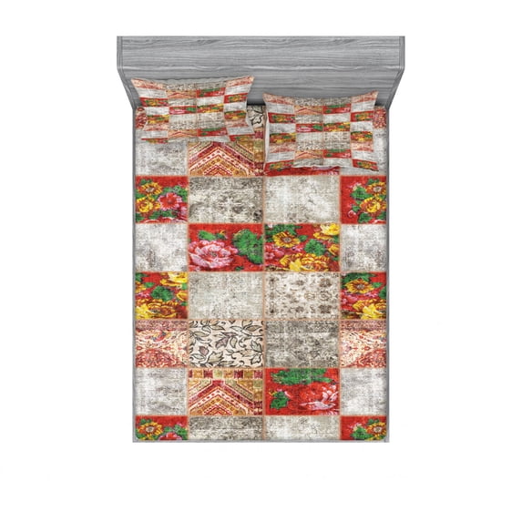 Ambesonne Floral Fitted Sheet & Pillow Sham Set, Folkloric Grunge Flowers, Queen, Taupe Grey Multicolor