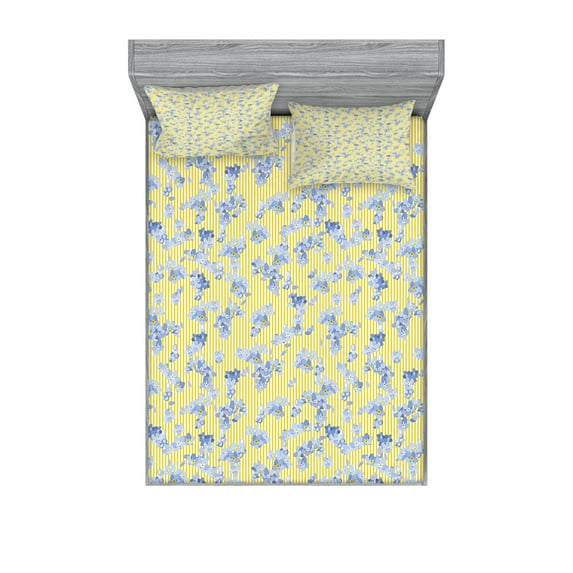 Ambesonne Floral Fitted Sheet & Pillow Sham Set, Forget Me Not Flowers Lines, King, Yellow Ceil Blue