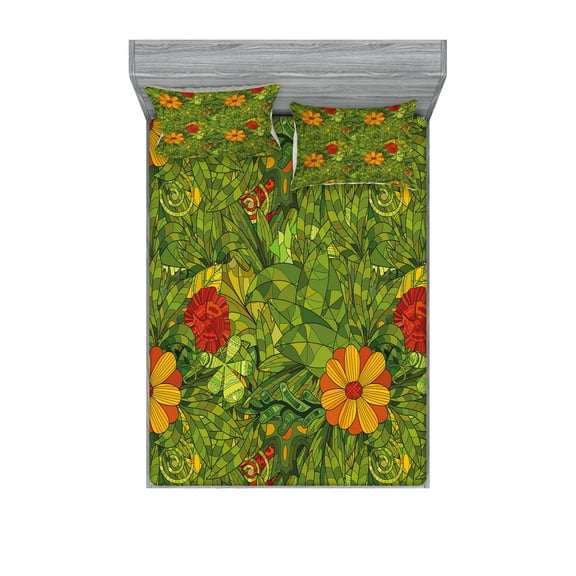 Ambesonne Floral Fitted Sheet & Pillow Sham Set, Fractal Retro Jungle Art, Queen, Olive Green Vermilion