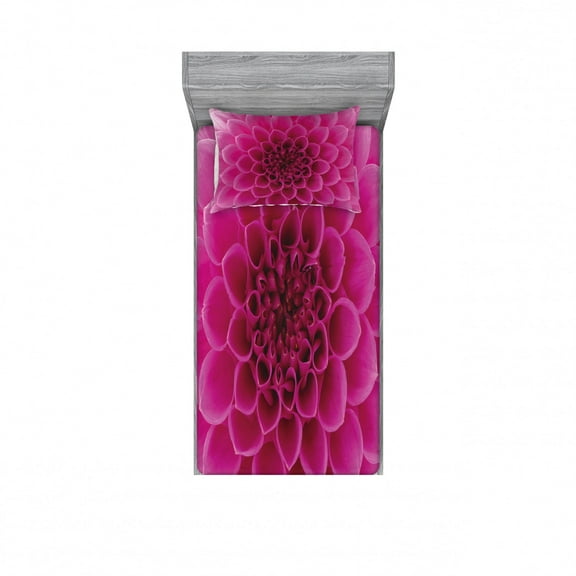 Ambesonne Floral Fitted Sheet & Pillow Sham Set, Fresh Bloom Petal Nature, Twinxl, Magenta