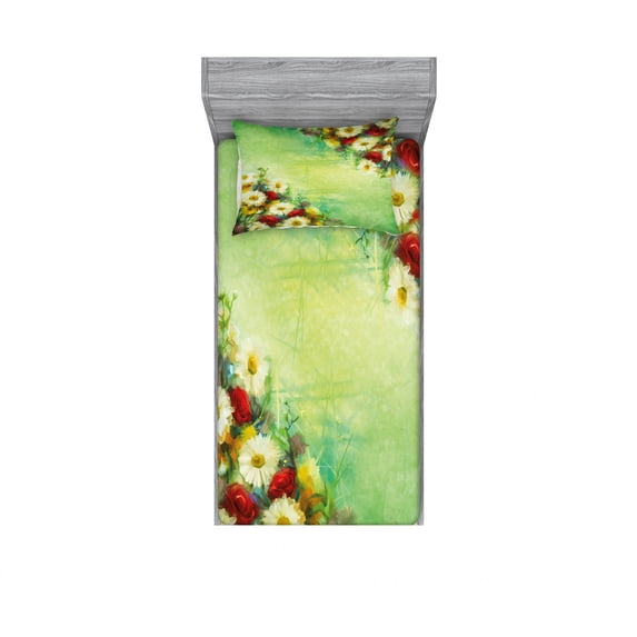 Ambesonne Floral Fitted Sheet & Pillow Sham Set, Freshening Mother Earth, Twin, Multicolor