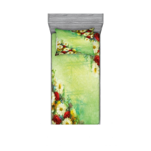 Ambesonne Floral Fitted Sheet & Pillow Sham Set, Freshening Mother Earth, Twinxl, Multicolor