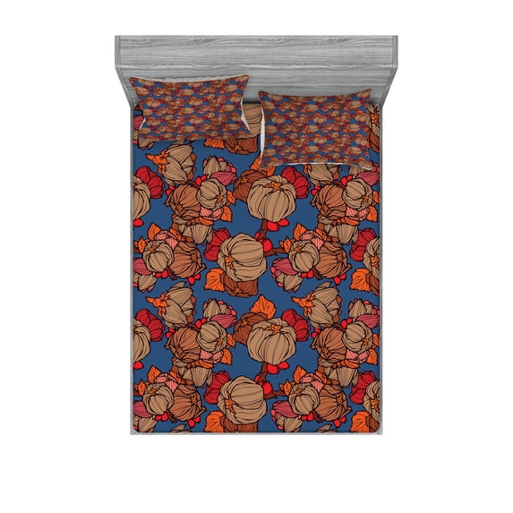 Ambesonne Floral Fitted Sheet & Pillow Sham Set, Funk Art Flower Pattern, Queen, Blue and Brown