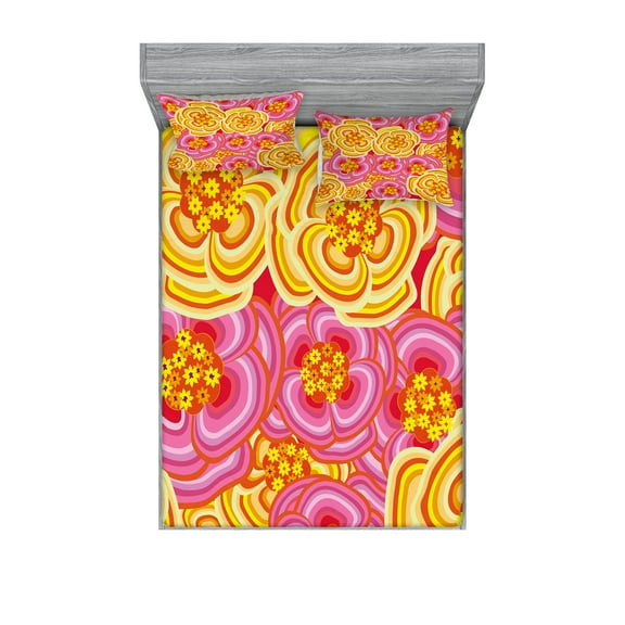 Ambesonne Floral Fitted Sheet & Pillow Sham Set, Funky Vibrant Flowers, Full, Yellow Pink Orange
