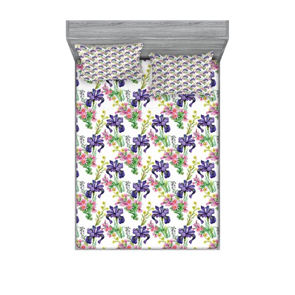 Ambesonne Floral Fitted Sheet & Pillow Sham Set, Garden Blooming Tiny Orchids, Full, Multicolor