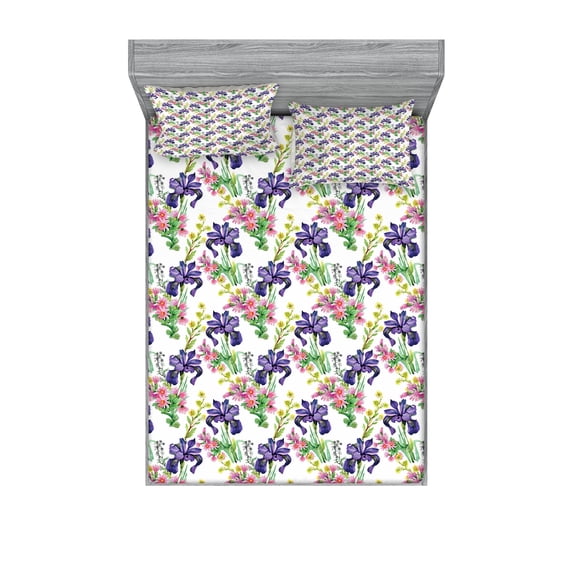 Ambesonne Floral Fitted Sheet & Pillow Sham Set, Garden Blooming Tiny Orchids, Queen, Multicolor